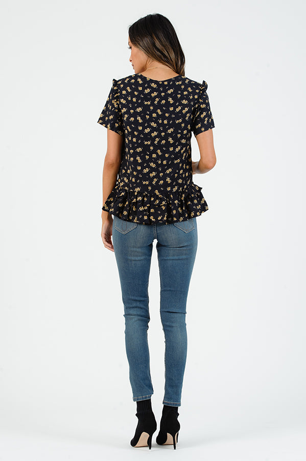 SHELBY SCOOP NECK RUFFLE TOP-NAVY FLORAL