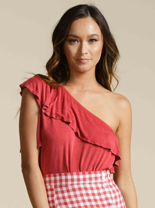 ELAINA RUFFLE OVERLAY TOP-RED