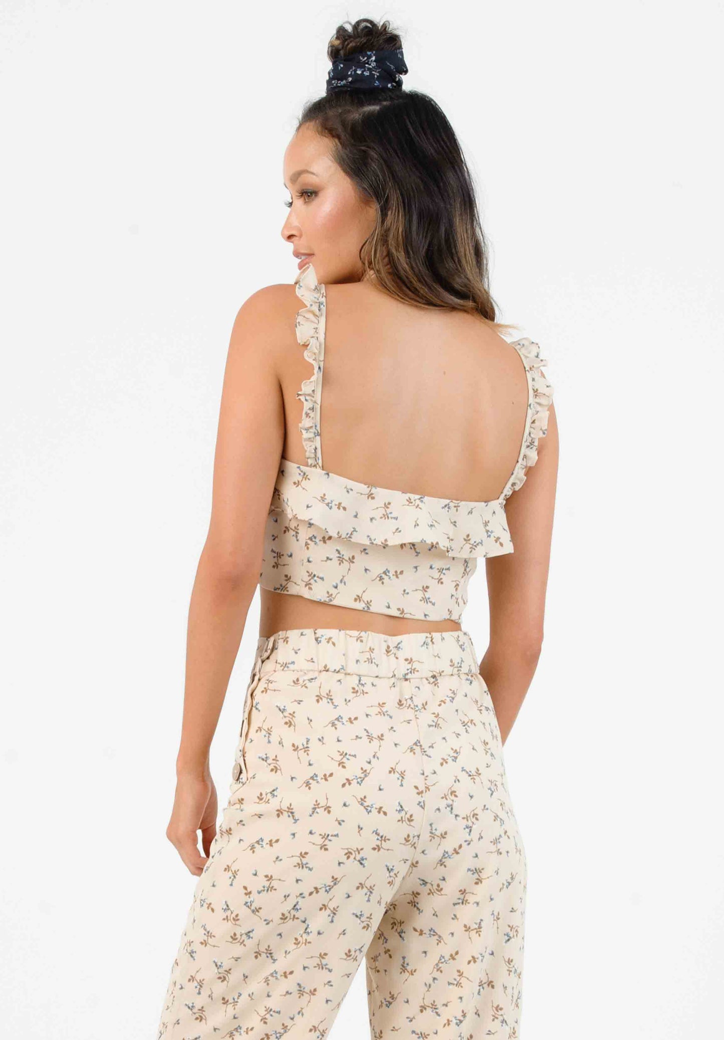 HYGEIA RUFFLE STRAP TOP-TAN MINI FLORAL