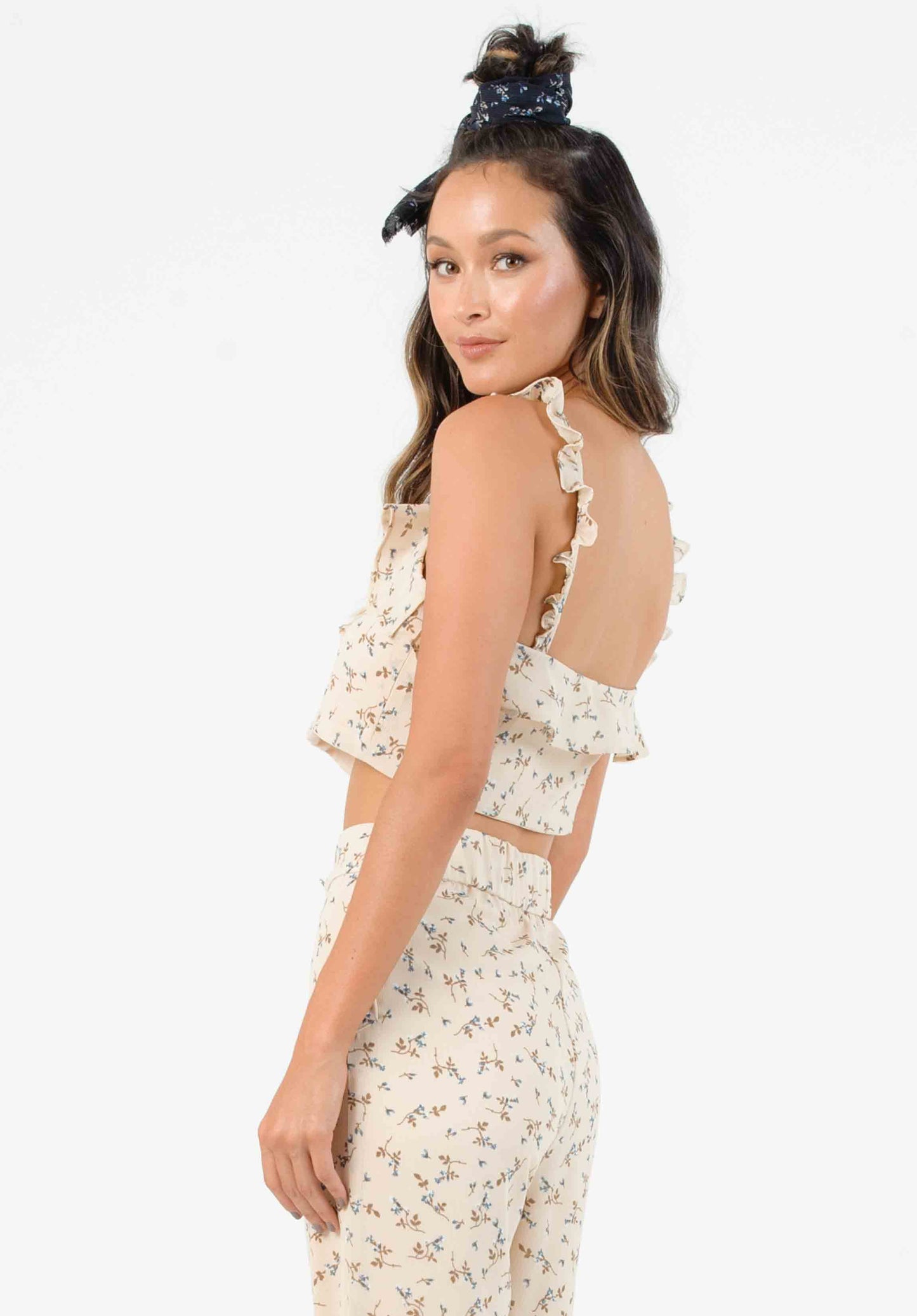 HYGEIA RUFFLE STRAP TOP-TAN MINI FLORAL