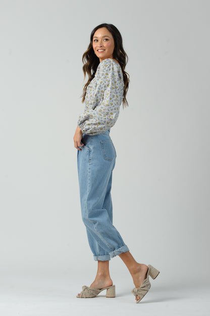MARINA RUCHED FRONT L/S CROP TOP | BABY BLUE FLORAL