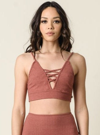 Sweet ribbed lace up bralette top-Marsala