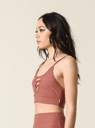 Sweet ribbed lace up bralette top-Marsala