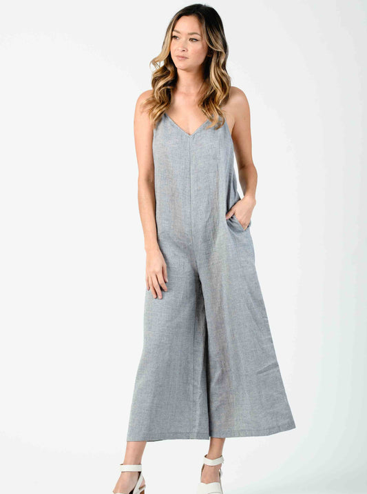 FAITH V-NECK RACER BACK JUMPSUIT-NAVY GAUZE