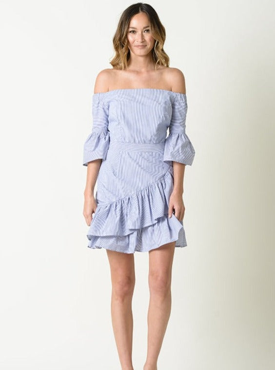 off shoulder blue striped dress Lucca Couture Vivienne the Ruffle at Nordstrom Rack - Womens Casual Dresses Color:HUNTER GREEN Patchwork 31 length (size S) Plus Size Wedding Guest