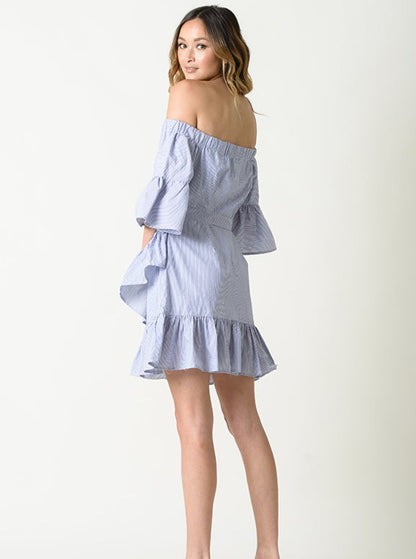 VIVIENNE OFF THE SHOULDER DRESS-BLUE STRIPE