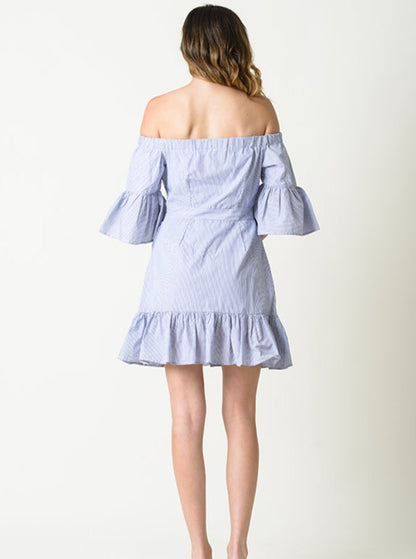VIVIENNE OFF THE SHOULDER DRESS-BLUE STRIPE