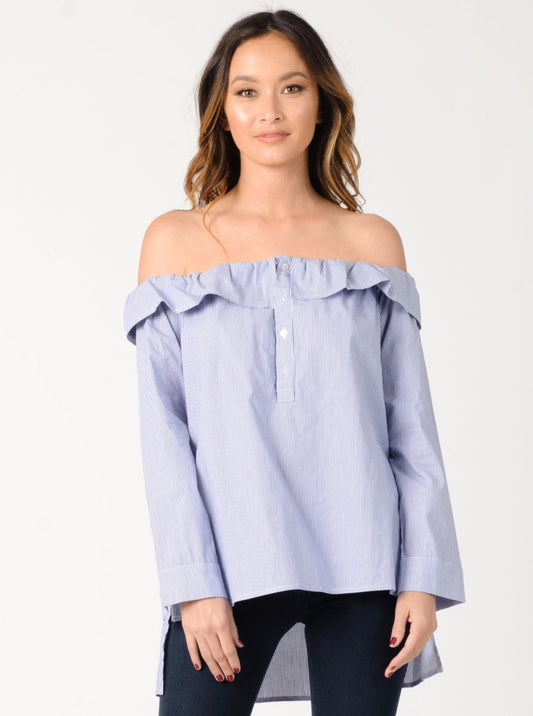 CHARLOTTE OFF SHOULDER TOP-BLUE WHITE STRIPE