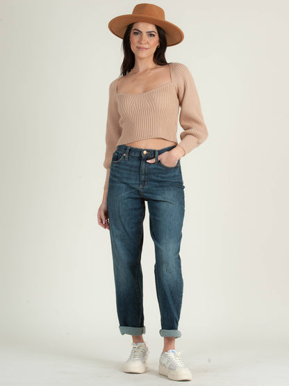 SARA SWEETHEART NECKLINE RIBBED TOP-OATMEAL