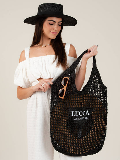 OVERSIZED 'LUCCA' STRAW TOTE-BLACK