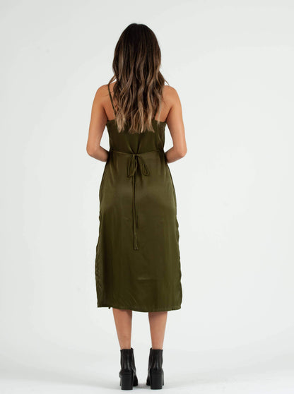 SIERRA SATIN TIE BACK DRESS-MOSS GREEN Lucca Couture SIERRA SATIN TIE BACK DRESS-MOSS GREEN Lucca Couture
