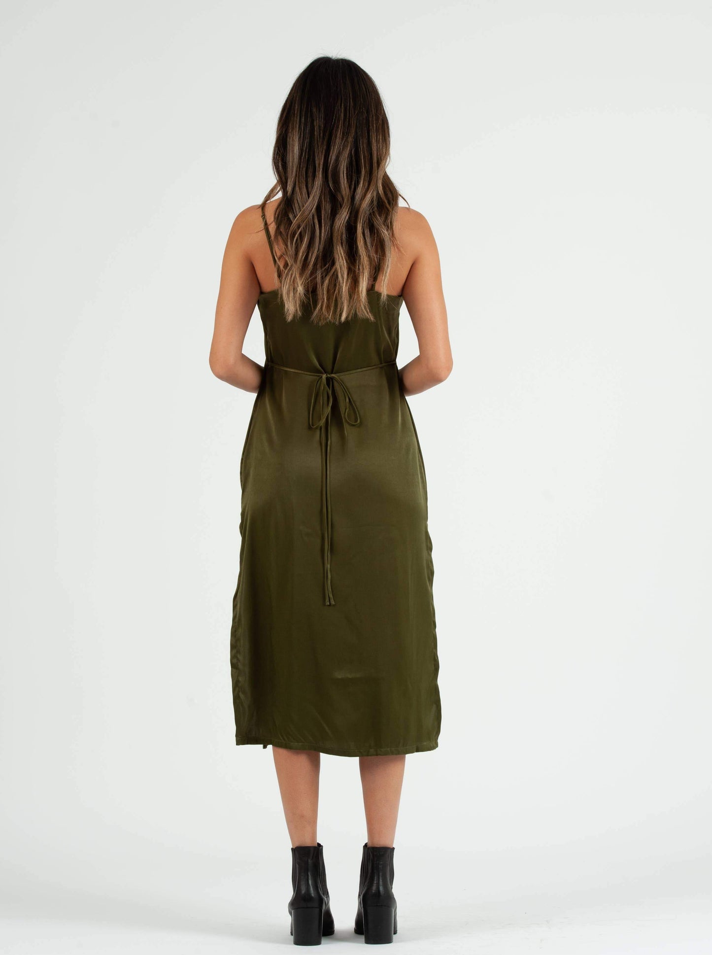 SIERRA SATIN TIE BACK DRESS-MOSS GREEN
