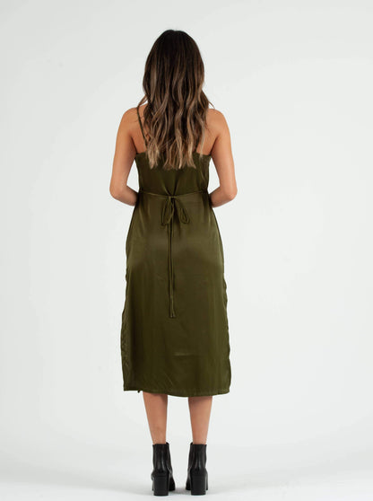 SIERRA SATIN TIE BACK DRESS-MOSS GREEN
