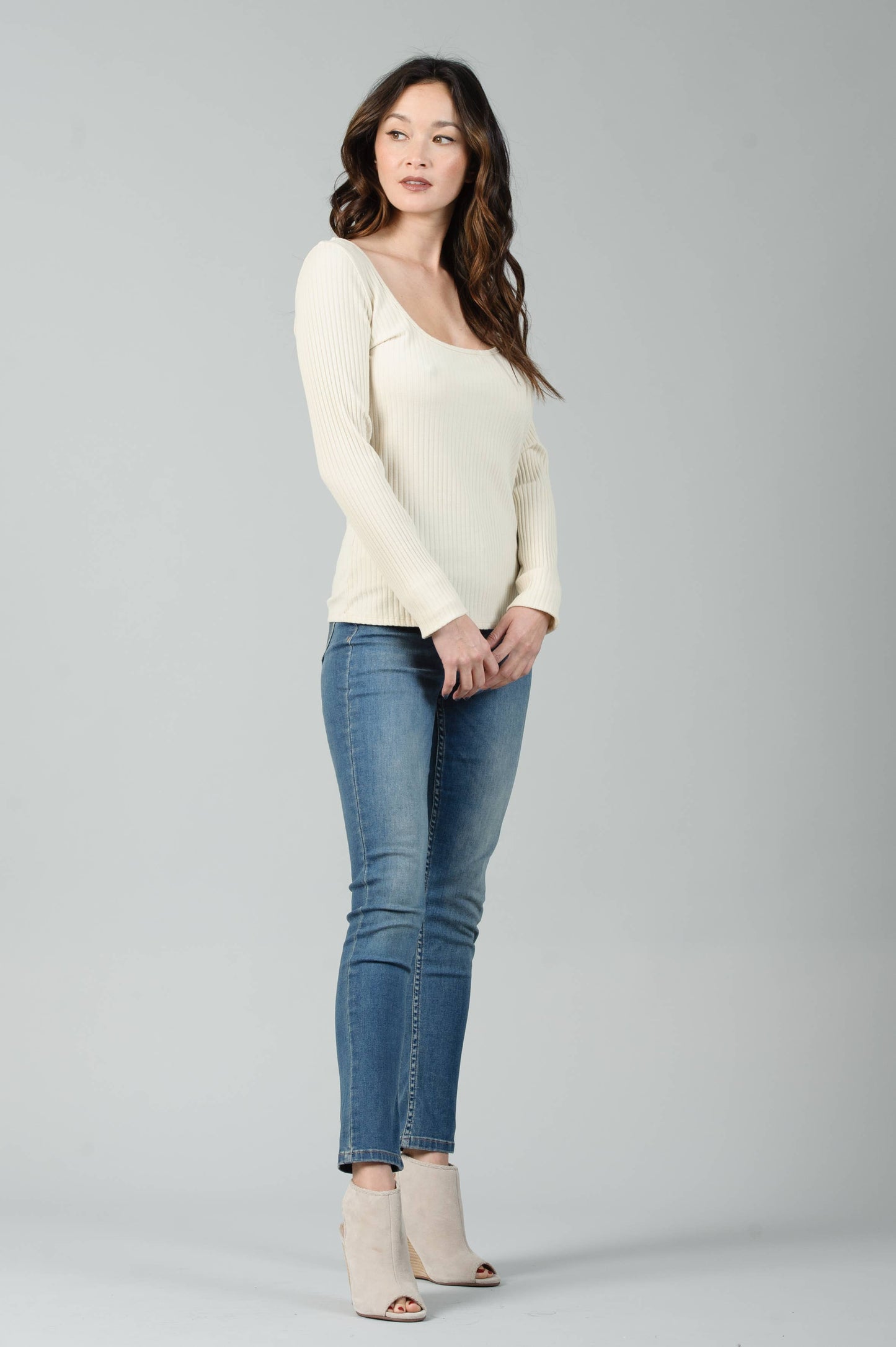 SQUARE KNIT LS RIBBED TOP-CREAM