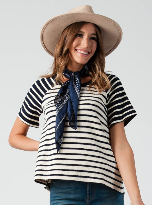 ADALYN CONTRAST ROUND NECK TOP-NAVY STRIPE