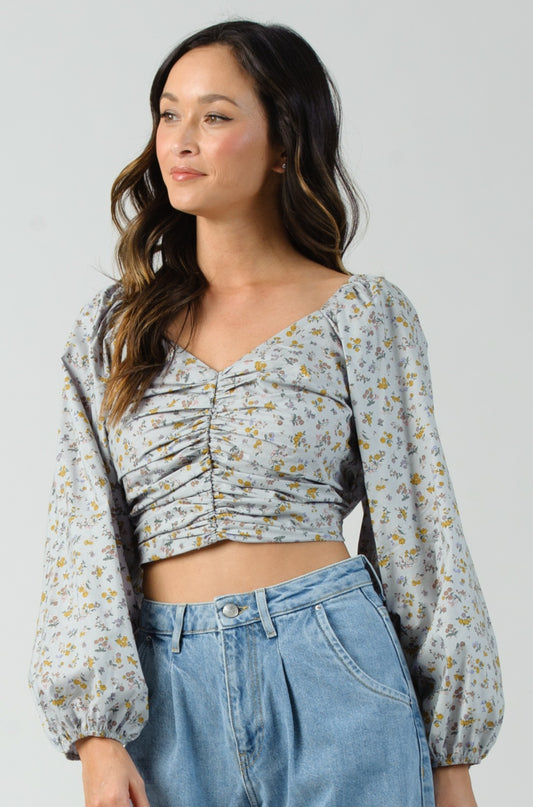 MARINA RUCHED FRONT L/S CROP TOP-BABY BLUE FLORAL