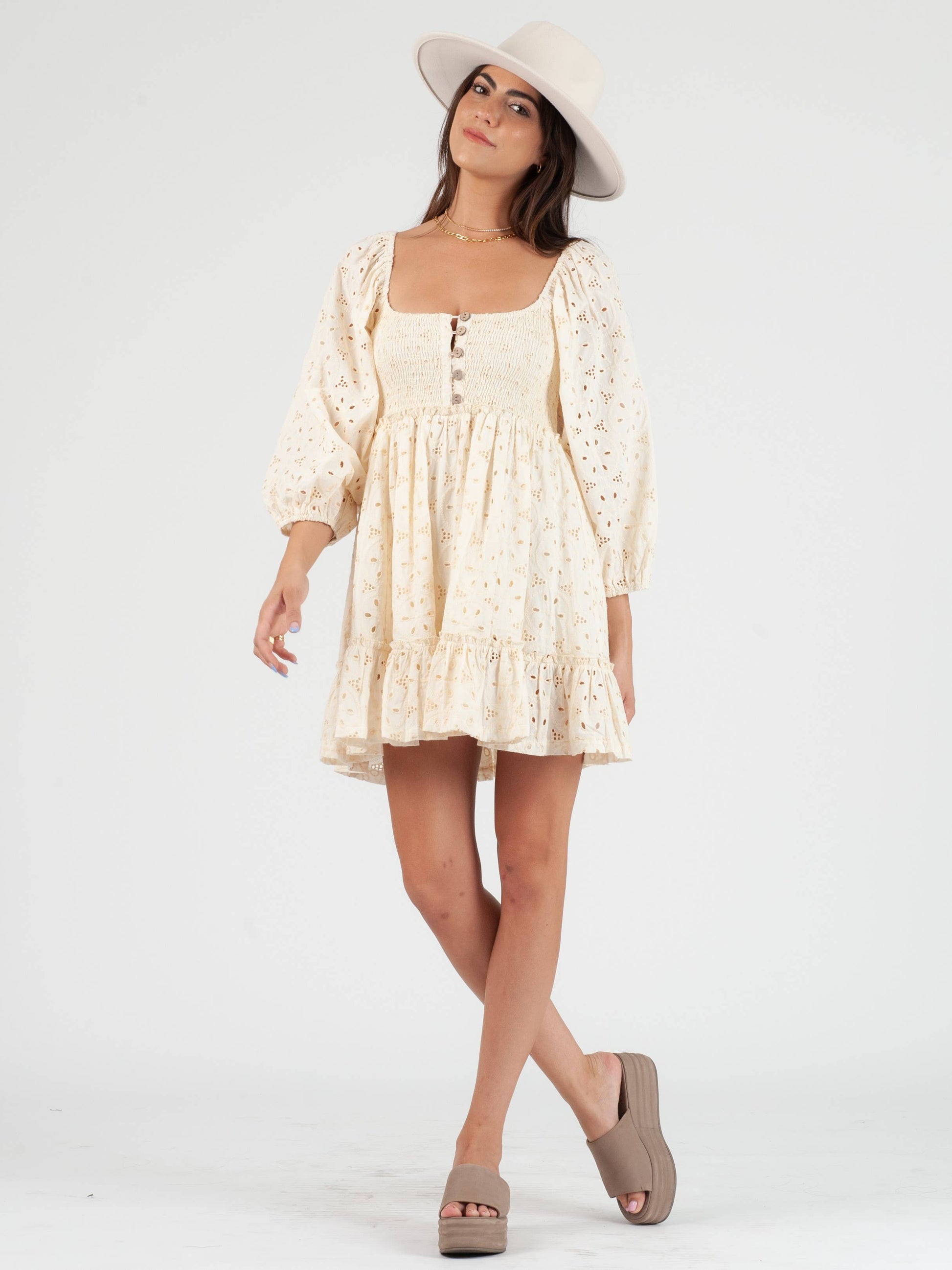 FAITH EYELET MINI DRESS-IVORY L FAITH EYELET MINI DRESS-IVORY L