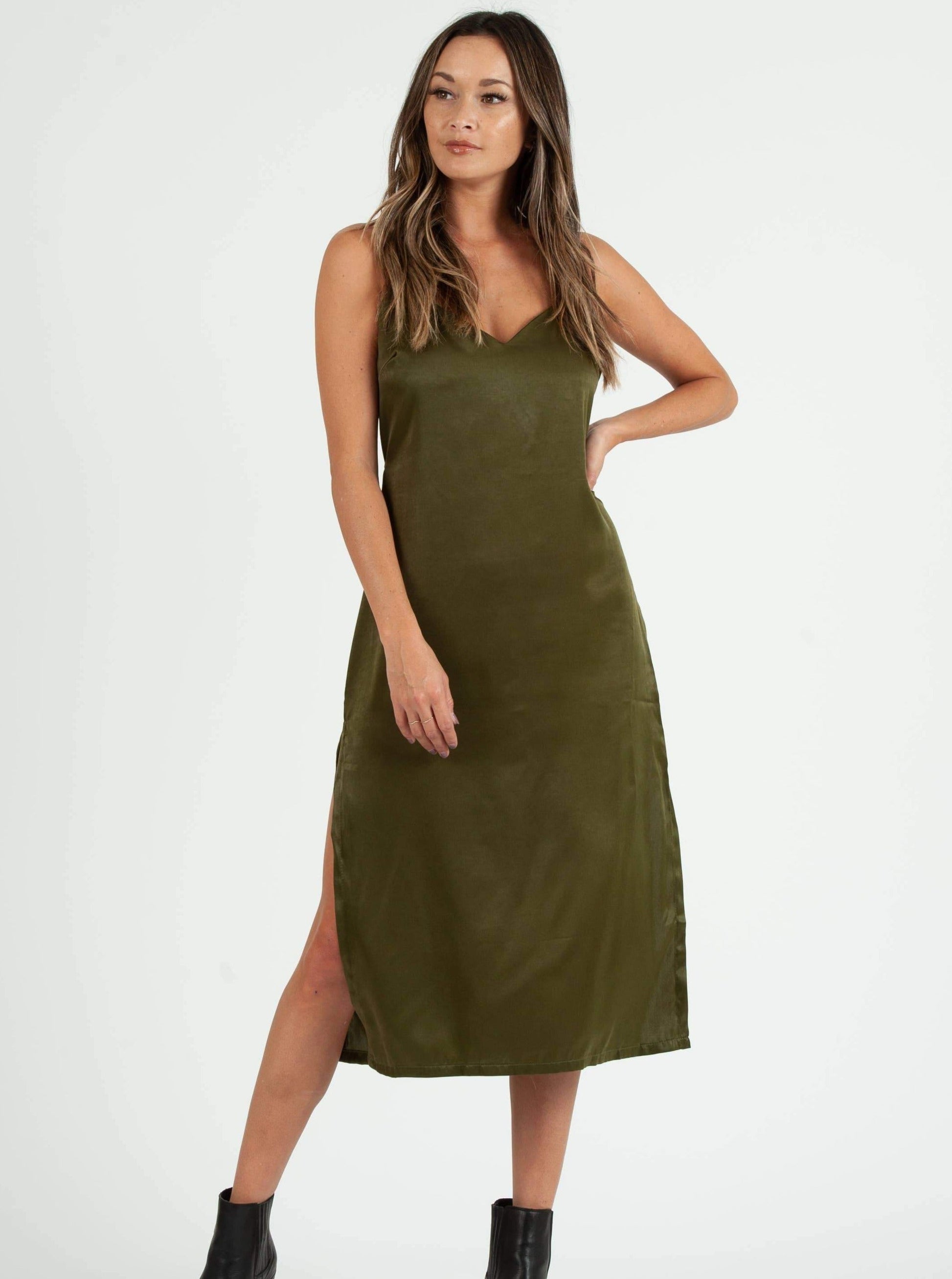 SIERRA SATIN TIE BACK DRESS-MOSS GREEN Lucca Couture SIERRA SATIN TIE BACK DRESS-MOSS GREEN Lucca Couture