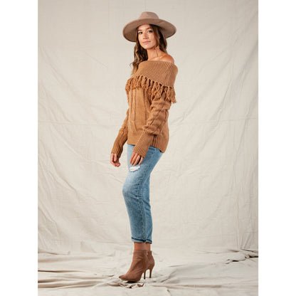 NOELLE TASSEL COWL CABLE KNIT SWEATER-HONEY