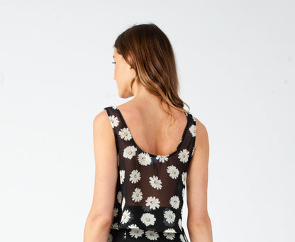 DAISY CROP TANK TOP-BLACK DAISIES
